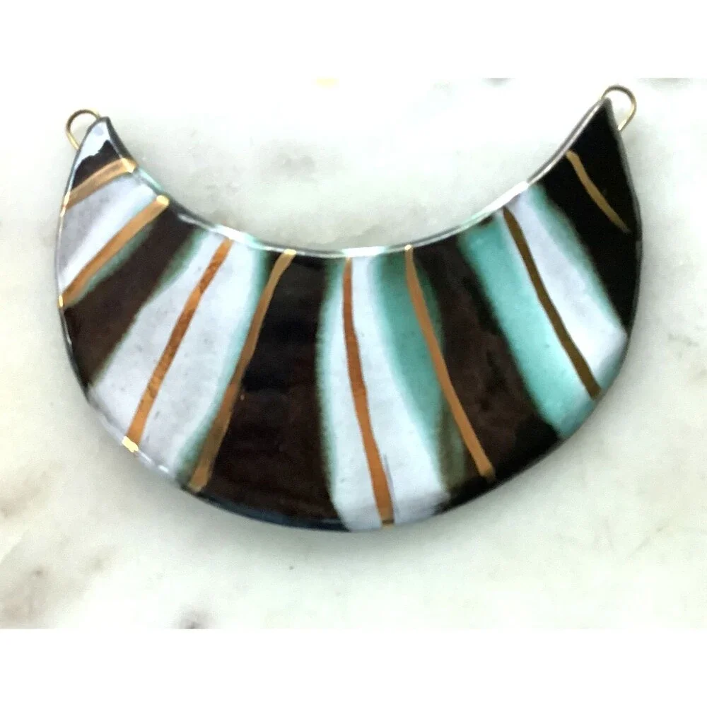 Vintage Ceramic Necklace Bib Statement Handmade in Austria Black Green Gold